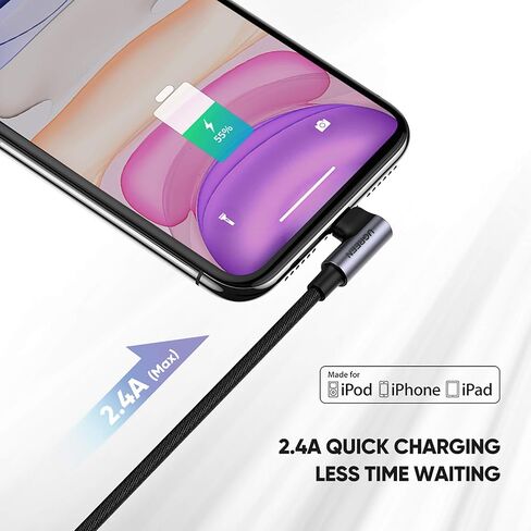 UGREEN MFi Certification Lightning Cable, Right Angle 3FT Lightning Cord, Phone Charger Cord Nylon Braided Compatible with iPhone 13/13 Pro/12/12 Pro/11/X/XS/8/7, iPad Pro, AirPods Pro Black in Saudi Arabia