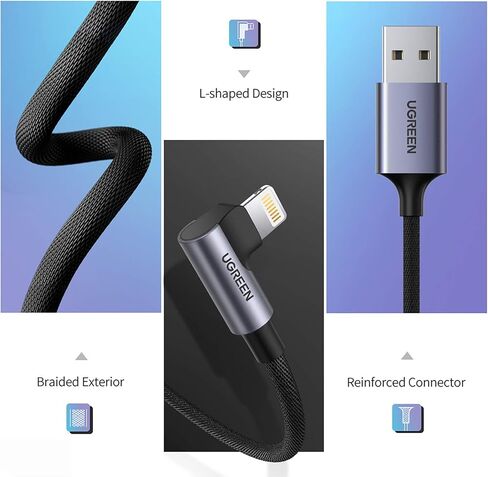 UGREEN MFi Certification Lightning Cable, Right Angle 3FT Lightning Cord, Phone Charger Cord Nylon Braided Compatible with iPhone 13/13 Pro/12/12 Pro/11/X/XS/8/7, iPad Pro, AirPods Pro Black in Saudi Arabia