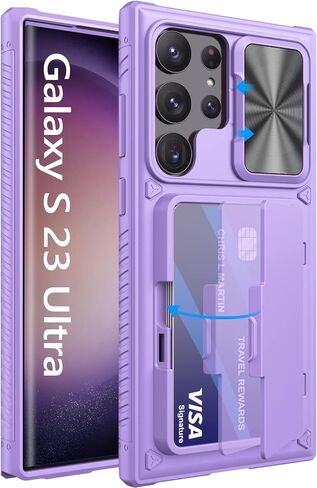 Vihibii Case with Card Holder (4 Cards) & Sliding Camera Cover & Kickstand, Shockproof Rugged Hard Back & TPU Edge Wallet Case for Samsung Galaxy S23 Ultra 5G 6.8" 2023 , Black in Saudi Arabia