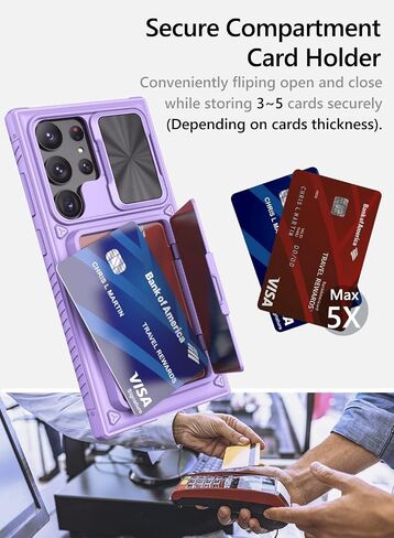 Vihibii Case with Card Holder (4 Cards) & Sliding Camera Cover & Kickstand, Shockproof Rugged Hard Back & TPU Edge Wallet Case for Samsung Galaxy S23 Ultra 5G 6.8" 2023 , Black in Saudi Arabia