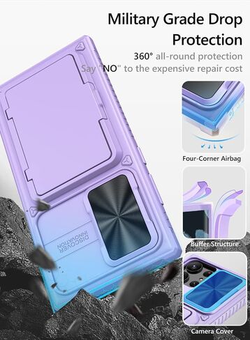 Vihibii Case with Card Holder (4 Cards) & Sliding Camera Cover & Kickstand, Shockproof Rugged Hard Back & TPU Edge Wallet Case for Samsung Galaxy S23 Ultra 5G 6.8" 2023 , Black in Saudi Arabia