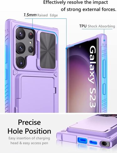 Vihibii Case with Card Holder (4 Cards) & Sliding Camera Cover & Kickstand, Shockproof Rugged Hard Back & TPU Edge Wallet Case for Samsung Galaxy S23 Ultra 5G 6.8" 2023 , Black in Saudi Arabia