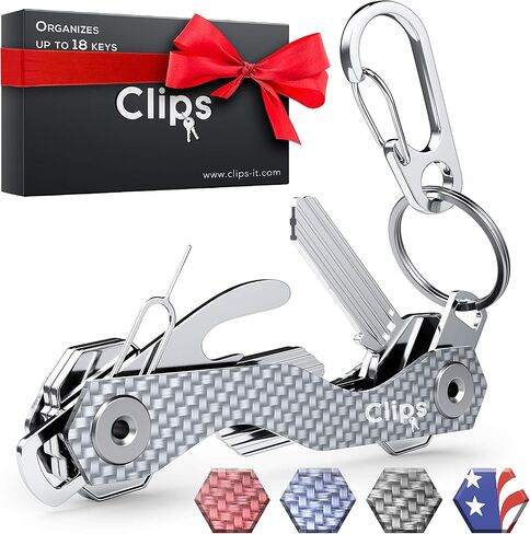 سلسلة مفاتيح ذكية مدمجة لحمل المفاتيح من Clips - مصنوعة من ألياف الكربون والفولاذ المقاوم للصدأ - منظم جيب يصل إلى 28 مفتاحًا - خفيفة الوزن وقوية تتضمن فتاحة زجاجات وحلقة تسلق والمزيد in Kuwait