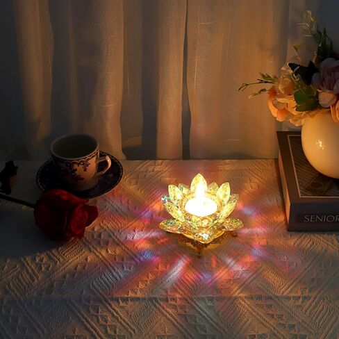 حامل ضوء شاي زهرة اللوتس الكريستالي من OWNMY، حامل شموع نذرية بتلات اللوتس مع قاعدة معدنية ذهبية، حامل شمعدان زجاجي لوتس تيلايت، مصباح شمعة لديكور الزفاف محور الطاولة (لون AB) in Kuwait