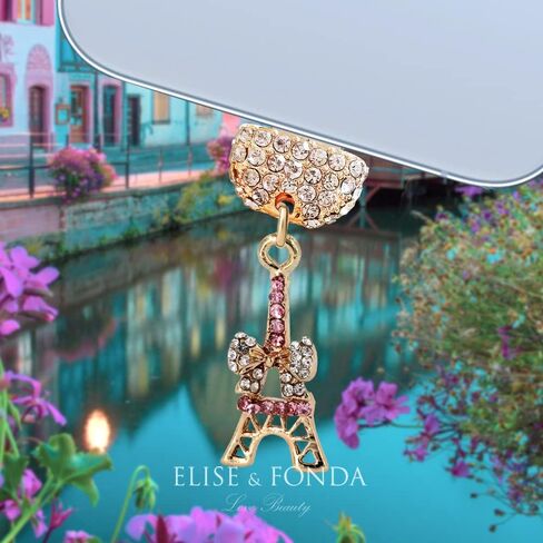 ELISE & FONDA CP395 منفذ شحن USB كريستال مضاد للغبار قابس برج صغير مع سحر هاتف على شكل قوس لهاتف iPhone 13/12/11/ XS MAX/XR/X/8 Plus/7/6S/8/SE iPad iPod (وردي) in Saudi Arabia