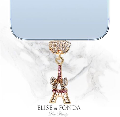 ELISE & FONDA CP395 منفذ شحن USB كريستال مضاد للغبار قابس برج صغير مع سحر هاتف على شكل قوس لهاتف iPhone 13/12/11/ XS MAX/XR/X/8 Plus/7/6S/8/SE iPad iPod (وردي) in Saudi Arabia