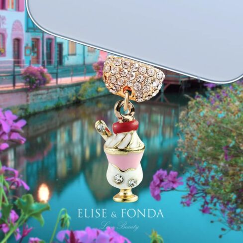 ELISE & FONDA CP372 منفذ شحن USB كريستال مضاد للغبار قابس صغير ثلاثي الأبعاد مثلجات الآيس كريم لهاتف iPhone 13/12/11/ XS MAX/XR/X/8 Plus/7/6S/8/SE iPad iPod (وردي) in Saudi Arabia