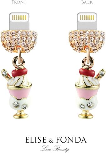 ELISE & FONDA CP372 منفذ شحن USB كريستال مضاد للغبار قابس صغير ثلاثي الأبعاد مثلجات الآيس كريم لهاتف iPhone 13/12/11/ XS MAX/XR/X/8 Plus/7/6S/8/SE iPad iPod (وردي) in Saudi Arabia