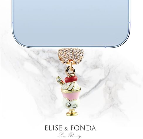 ELISE & FONDA CP372 منفذ شحن USB كريستال مضاد للغبار قابس صغير ثلاثي الأبعاد مثلجات الآيس كريم لهاتف iPhone 13/12/11/ XS MAX/XR/X/8 Plus/7/6S/8/SE iPad iPod (وردي) in Saudi Arabia