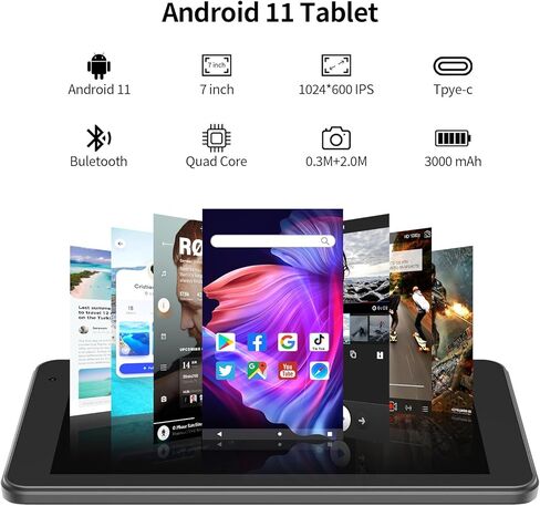 3GM7 Tablet 7 بوصة Android 11، 3G LTE، WiFi 6،1GB RAM 16GB ROM، شاشة 1024x600 HD IPS، معالج رباعي النواة، كاميرا مزدوجة، بلوتوث 4.2، كمبيوتر لوحي محمول، تعليمي وألعاب (رمادي) in Kuwait