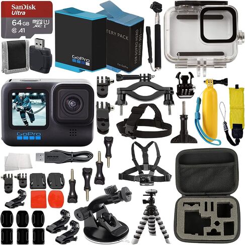 SSE GoPro HERO10 (Hero 10) باللون الأسود مع حزمة ملحقات متميزة: بطاقة ذاكرة SanDisk Ultra سعة 64 جيجابايت، وبطارية بديلة، وغطاء تحت الماء، وحقيبة واقية وغير ذلك الكثير in Saudi Arabia