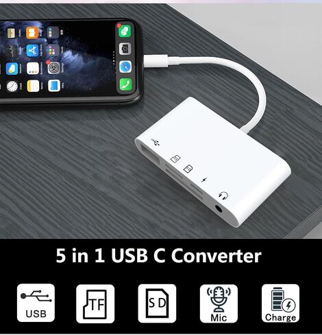 [Apple MFi Certified] SD Card Reader 5 in 1 Compatible with iPhone 15 Pro Max/MacBook, USB C to USB OTG Adapter, 3.5mm Headphone Jack, SD TF Memory Camera Viewer Card Reader in Saudi Arabia