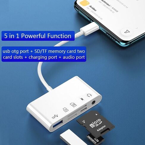 [Apple MFi Certified] SD Card Reader 5 in 1 Compatible with iPhone 15 Pro Max/MacBook, USB C to USB OTG Adapter, 3.5mm Headphone Jack, SD TF Memory Camera Viewer Card Reader in Saudi Arabia