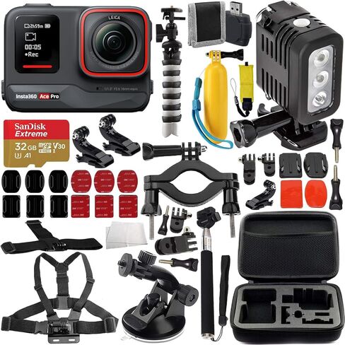حزمة كاميرا Insta360 ACE 8K Pro Ultimaxx Deluxe Action (32 جيجابايت) - تتضمن: 32 جيجابايت Ultra MicroSDXC، وإضاءة LED تحت الماء، وحامل كأس الشفط، وأشرطة الصدر والرأس مع حوامل الكاميرا وأكثر من ذلك بكثير in Saudi Arabia