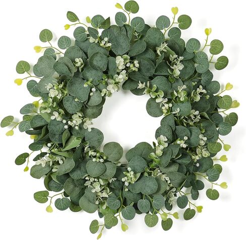 SOMYTING Green Eucalyptus Wreath, 20" Artificial Eucalyptus Leaves Wreath with with White Flowers Eucalyptus Leaves Gypsophila Garland Spring/Summer Wreath for Front Door Wall Window Home Decor in Kuwait