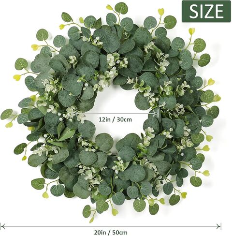 SOMYTING Green Eucalyptus Wreath, 20" Artificial Eucalyptus Leaves Wreath with with White Flowers Eucalyptus Leaves Gypsophila Garland Spring/Summer Wreath for Front Door Wall Window Home Decor in Kuwait