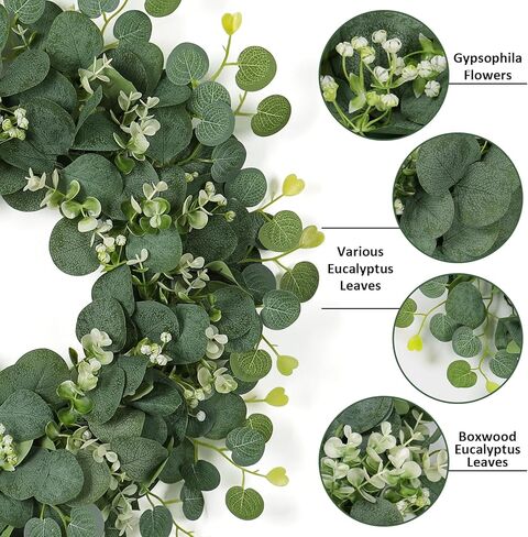 SOMYTING Green Eucalyptus Wreath, 20" Artificial Eucalyptus Leaves Wreath with with White Flowers Eucalyptus Leaves Gypsophila Garland Spring/Summer Wreath for Front Door Wall Window Home Decor in Kuwait