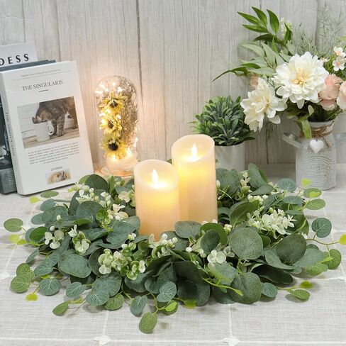 SOMYTING Green Eucalyptus Wreath, 20" Artificial Eucalyptus Leaves Wreath with with White Flowers Eucalyptus Leaves Gypsophila Garland Spring/Summer Wreath for Front Door Wall Window Home Decor in Kuwait