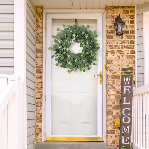 SOMYTING Green Eucalyptus Wreath, 20" Artificial Eucalyptus Leaves Wreath with with White Flowers Eucalyptus Leaves Gypsophila Garland Spring/Summer Wreath for Front Door Wall Window Home Decor in Kuwait