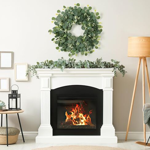 SOMYTING Green Eucalyptus Wreath, 20" Artificial Eucalyptus Leaves Wreath with with White Flowers Eucalyptus Leaves Gypsophila Garland Spring/Summer Wreath for Front Door Wall Window Home Decor in Kuwait