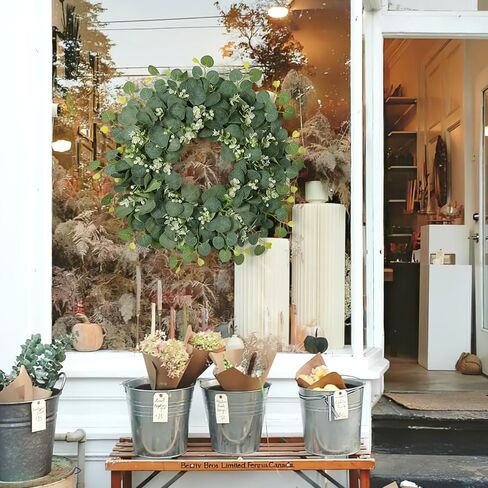 SOMYTING Green Eucalyptus Wreath, 20" Artificial Eucalyptus Leaves Wreath with with White Flowers Eucalyptus Leaves Gypsophila Garland Spring/Summer Wreath for Front Door Wall Window Home Decor in Kuwait