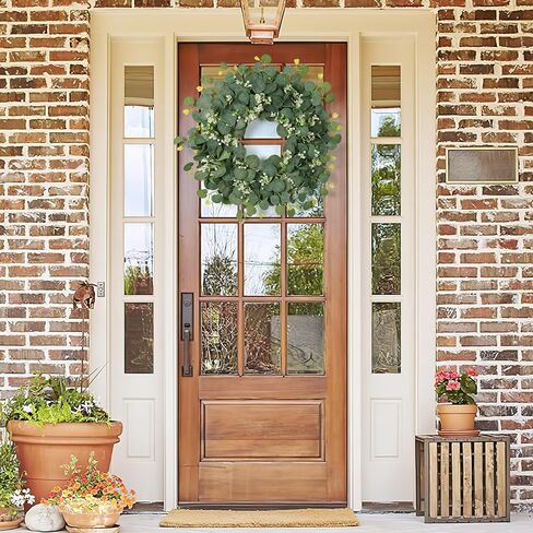 SOMYTING Green Eucalyptus Wreath, 20" Artificial Eucalyptus Leaves Wreath with with White Flowers Eucalyptus Leaves Gypsophila Garland Spring/Summer Wreath for Front Door Wall Window Home Decor in Kuwait