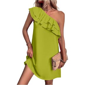 Floerns Women's One Shoulder Tiered Layered Sleeveless Ruffle Trim Tunic Dress in Saudi Arabia
