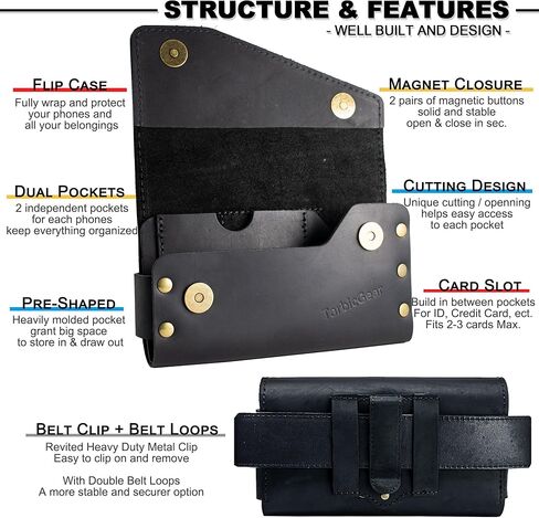 TarbicGear Dual Large Cell Phone Holster, Bult Clip Double Decker Leather Pouch for 2 Phones, Magnetic Closure Cell Phone Pouch Case for iPhone 13 Pro Max 14 Pro Max Samsung Galaxy S22 Ultra in Saudi Arabia