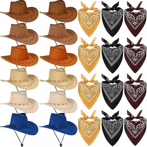 Cindeer 48 Pcs Cowboy Cap and Bandana Set Bulk 24 Western Straw Suede Hat 24 Polyester Bandanas Scarf for Cosplay Costume in Saudi Arabia