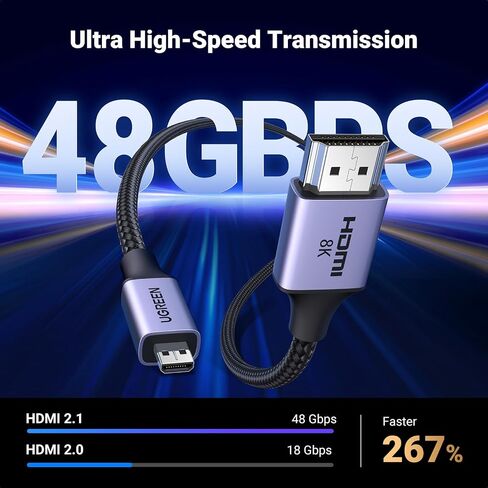 كابل UGREEN 8K Micro HDMI إلى HDMI بطول 3.3أقدام، 2.1 هيكل من الألومنيوم مضفر بسرعة 48 جيجابت في الثانية فائقة السرعة 8K@60 هرتز، 4K@120 هرتز يدعم HDR eARC Dolby متوافق مع GoPro Raspberry Pi 4 Sony Camera Nikon in Kuwait