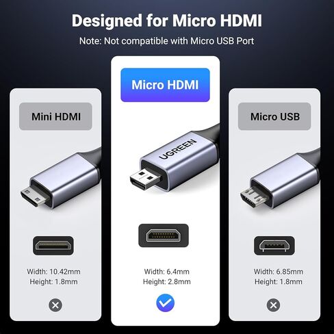 كابل UGREEN 8K Micro HDMI إلى HDMI بطول 3.3أقدام، 2.1 هيكل من الألومنيوم مضفر بسرعة 48 جيجابت في الثانية فائقة السرعة 8K@60 هرتز، 4K@120 هرتز يدعم HDR eARC Dolby متوافق مع GoPro Raspberry Pi 4 Sony Camera Nikon in Kuwait