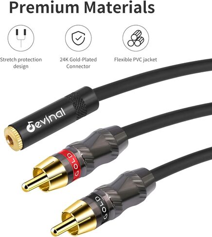 Devinal RCA to 1/8 Female Y Cable, Female 3.5mm to Dual RCA/Phono Male Stereo Splitter Cord, Mini Jack Female to 2RCA Male Audio Breakout Adapter 12 inch 30cm in Saudi Arabia