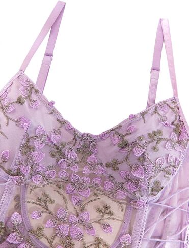 Lilosy Women Sexy Lace Up Floral Embroidered Teddy Lingerie Bodysuit Top Mesh Sheer One Piece in Kuwait