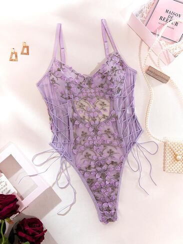 Lilosy Women Sexy Lace Up Floral Embroidered Teddy Lingerie Bodysuit Top Mesh Sheer One Piece in Kuwait