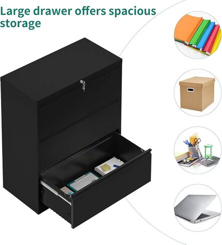 YITAHOME 3 Drawer Lateral File Cabinet with Lock, Metal Stainless Steel Wide Lateral Filing Cabinet for Legal/Letter A4 Size, Office Organizer Storage Cabinet, Black in Kuwait