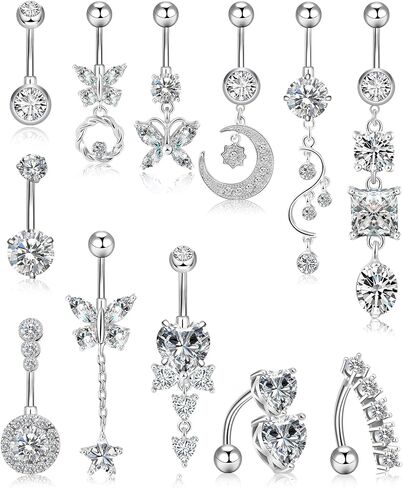 WINSENET 15Pcs Belly Button Rings 14G Belly Rings for Women CZ Dangle Curved Navel Barbell Body Piercing Jewelry with Gift Box in Saudi Arabia