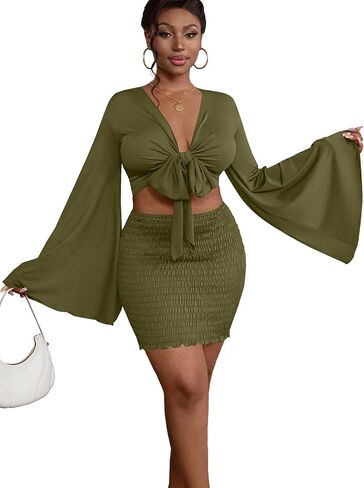 LYANER Women's 2 Piece Outfits Tie Knot Front Bell Long Sleeve Crop Top and Mini Skirt Set in Kuwait