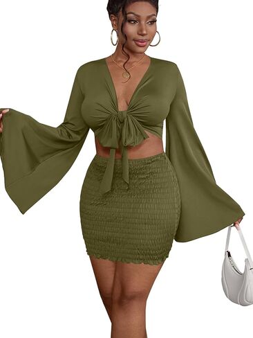 LYANER Women's 2 Piece Outfits Tie Knot Front Bell Long Sleeve Crop Top and Mini Skirt Set in Kuwait