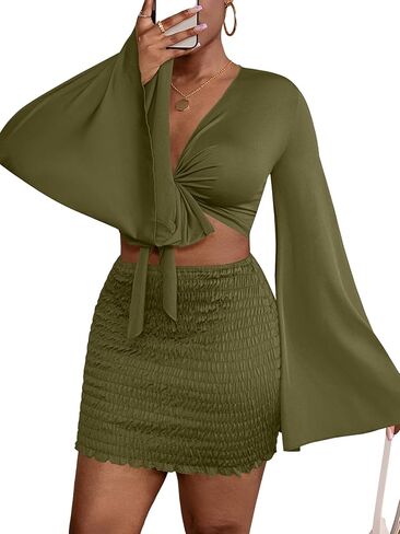 LYANER Women's 2 Piece Outfits Tie Knot Front Bell Long Sleeve Crop Top and Mini Skirt Set in Kuwait