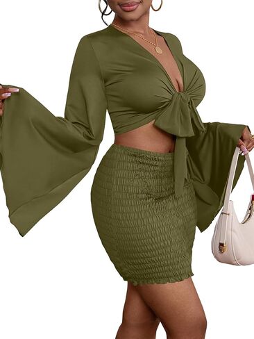 LYANER Women's 2 Piece Outfits Tie Knot Front Bell Long Sleeve Crop Top and Mini Skirt Set in Kuwait