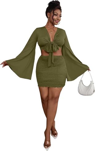 LYANER Women's 2 Piece Outfits Tie Knot Front Bell Long Sleeve Crop Top and Mini Skirt Set in Kuwait