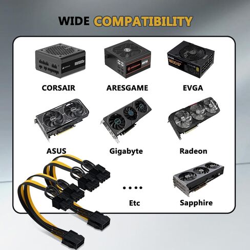 (4 عبوات) COMeap (وحدة المعالجة المركزية إلى وحدة معالجة الرسومات) CPU 8 Pin Female إلى Dual PCIe 2X 8 Pin (6+2) كابل مقسم ذكر لبطاقة الرسومات BTC Miner 9 بوصة (23 سم) in Kuwait