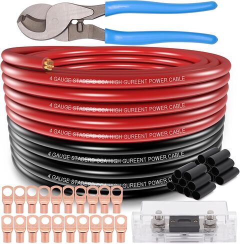 4 Gauge Wire (25ft Each- Black/Red) Copper Clad Aluminum CCA,10pcs Lugs Terminal Connectors with 3:1 Heat Shrink Tube for Power/Auto,Amplifier,Ground Cable in Saudi Arabia