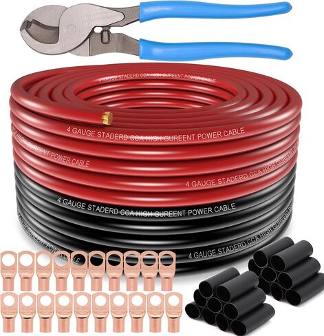 4 Gauge Wire (25ft Each- Black/Red) Copper Clad Aluminum CCA,10pcs Lugs Terminal Connectors with 3:1 Heat Shrink Tube for Power/Auto,Amplifier,Ground Cable in Saudi Arabia