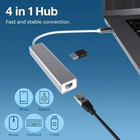 محول MMOBIEL USB-C إلى Ethernet RJ45 متوافق مع MacBook Air/Pro وiMac وAcer وLenovo وAsus وHP وSamsung وHuawei والمزيد - USB من النوع C - 1000 ميجابت في الثانية 3 USB Multiport Hub 3.0 فائق النحافة - فضي in Saudi Arabia