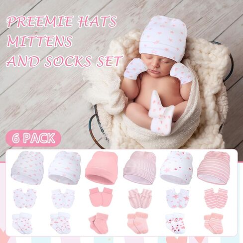 Toulite 6 Pack Preemie Hats القفازات والجوارب مجموعة Preemie Beanie Hat القفازات وعدم الخدش Preemie Mittens Preemie Terry Socks قبعة قطنية Preemie للفتيات والأولاد والأطفال مجموعة متعددة الألوان in Kuwait