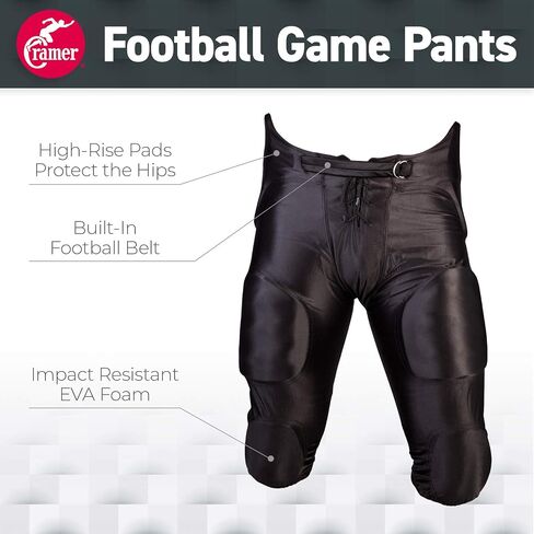 Cramer Football Game Pants, 7 Pads with Hip, Tailbone, Thigh, and Knee Pads, Youth Football Gear, High-Rise Hip Padding for Iliac Crest Protection, Designed for High-Impact, Black, Youth Medium in Saudi Arabia