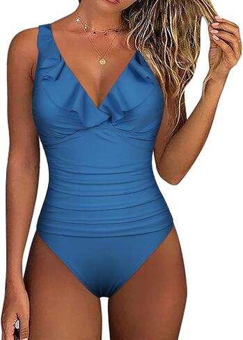 Firpearl Women's Ruffle One Piece Bathing Suits V Neck Vintage Tummy Control Swimsuit Swimwear in Kuwait