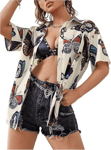 SweatyRocks Women's Short Sleeve Cute Print Button Down Shirt Tops in Kuwait