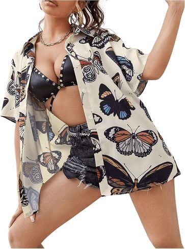 SweatyRocks Women's Short Sleeve Cute Print Button Down Shirt Tops in Kuwait
